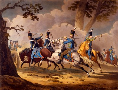 Austrian Infantry defending their artillery from Prussian Hussars, from series Cavalry actions of the allies during the Napoleonic campaigns published 1799-1802 by English School
