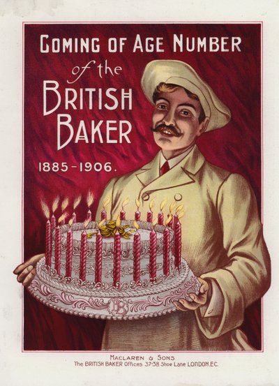 Baker with cake with 21 candles by English School