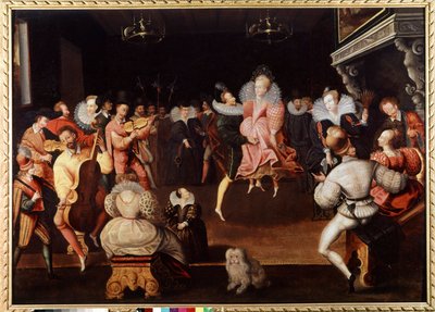 Ball at the Court of England: Musicians and Dancers by English School