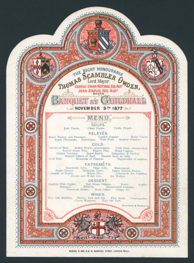 Banquet at Guildhall, 9 November 1877, menu by English School