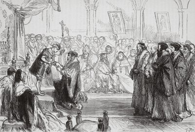 Beza presenting the Confession of the French Protestant Church to the King at the Colloquy of Poissy by English School
