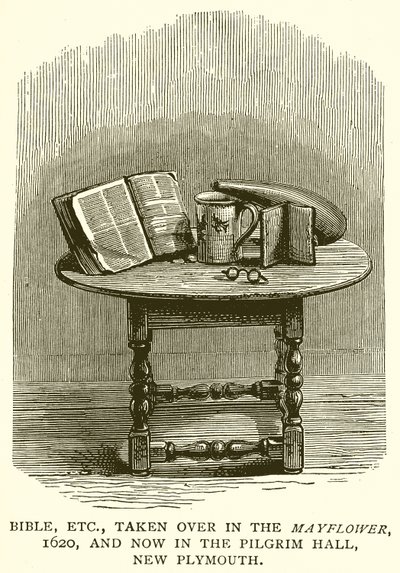 Bible, etc., taken over in the Mayflower, 1620, and now in the Pilgrim Hall, New Plymouth by English School