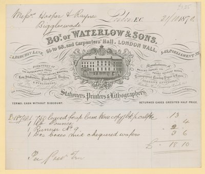 Bill from Waterlow and Sons, 66-68 Carpenters Hall, London Wall, Stationers by English School
