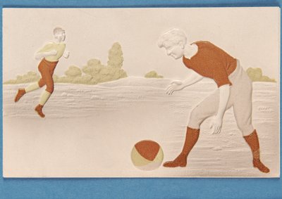 Blank card in relief depicting two footballers, c.1880s by English School