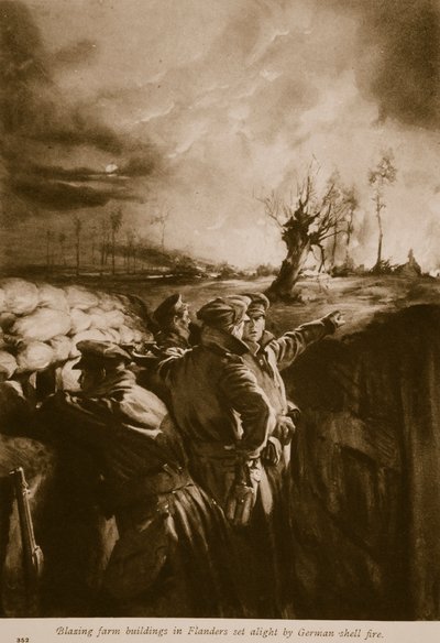 Blazing farm buildings in Flanders set alight by German shell fire by English School