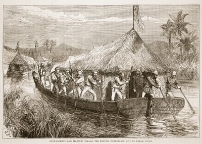 Blue-Jackets and Marines Poling the British Expedition up the Perak River, illustration from Cassell