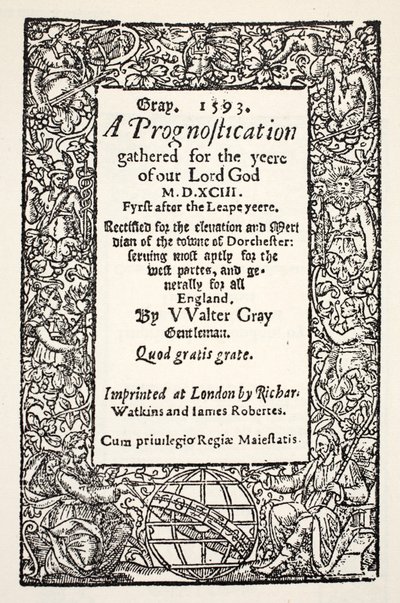 Border with the globe at the foot, a Prognostication by Walter Gray, 1593 by English School