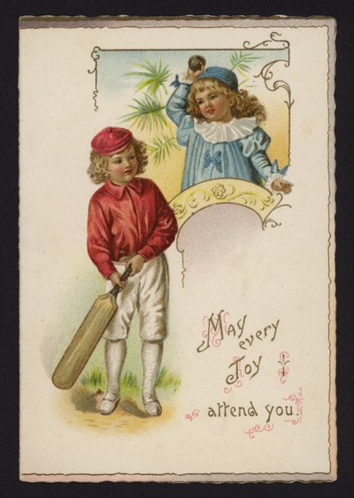 Boy and Girl Playing Cricket, Greetings Card, Late 19th or Early 20th Century by English School