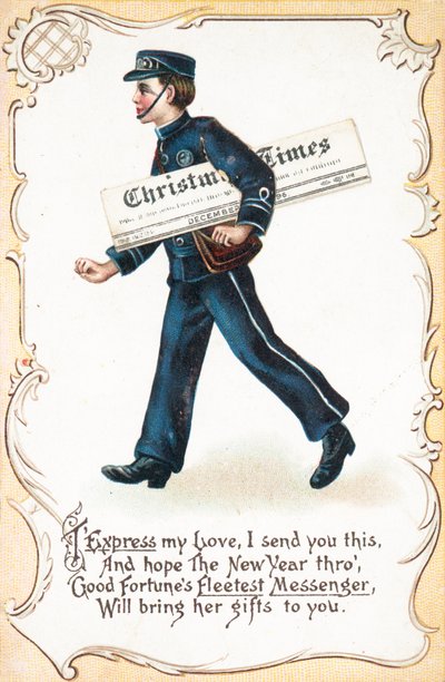 Boy Delivering Christmas Times Newspaper, Christmas Card by English School