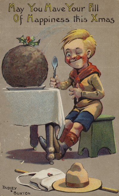 Boy Scout About to Tuck into Christmas Pudding by English School