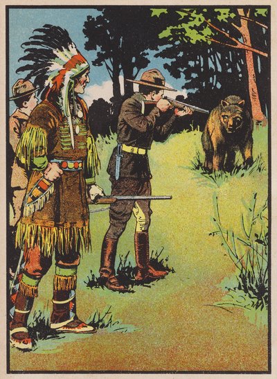 Boy Scout Aiming a Rifle at a Bear by English School