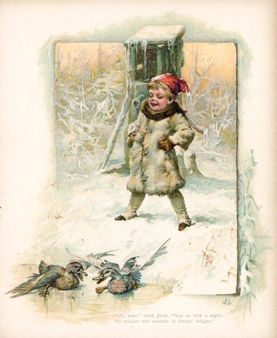 Boy watching ducks in the snow by English School