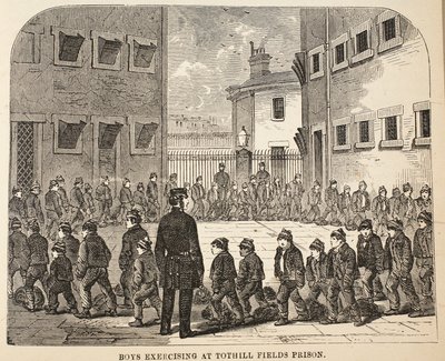 Boys exercising at Tothill Fields Prison, illustration from The Criminal Prisons of London and Scenes from Prison Life by Henry Mayhew and John Binny, pub. 1862 by English School