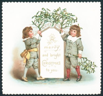Boys hanging mistletoe to sign by English School