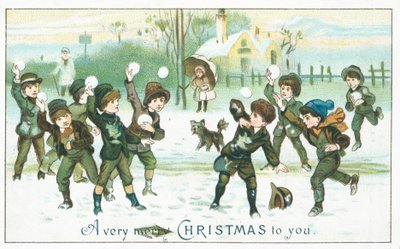 Boys having a snowball fight by English School