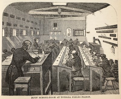 Boys school-room at Tothill Fields Prison, illustration from The Criminal Prisons of London and Scenes from Prison Life by Henry Mayhew and John Binny, pub. 1862 by English School