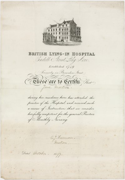British Lying-In Hospital. Nursing Certificate by English School