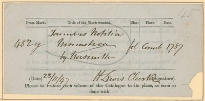 British Museum, Book Order Slip, 23 November [18?]47 by English School