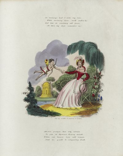 Valentine card with an image of a cherub delivering a Valentine card to a woman by English School