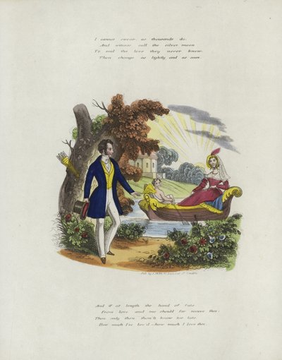 Valentine card with an image of a cherub rowing a woman in a boat by English School
