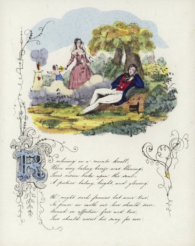 Valentine card with an image of a man and a woman in a garden with a cherub by English School