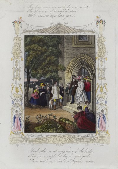 Valentine card with an image of a wedding party leaving a church by English School