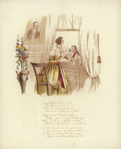 Valentine card with an image of a woman at a window with a cherub by English School