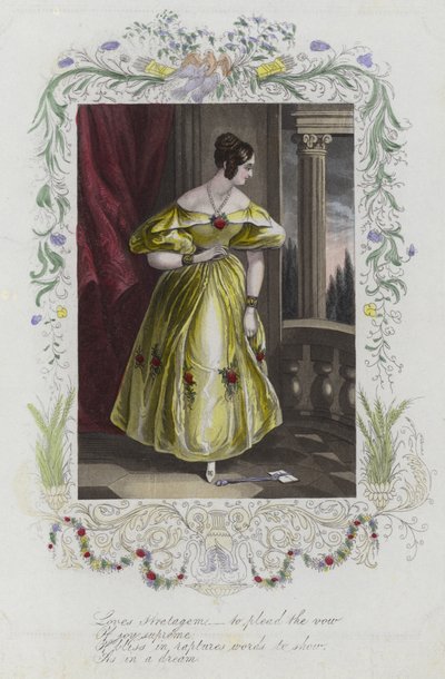 Valentine card with an image of a woman looking at a Valentine card on the ground by English School