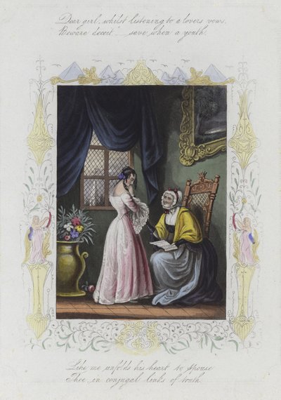 Valentine card with an image of a young woman standing before an elderly woman by English School