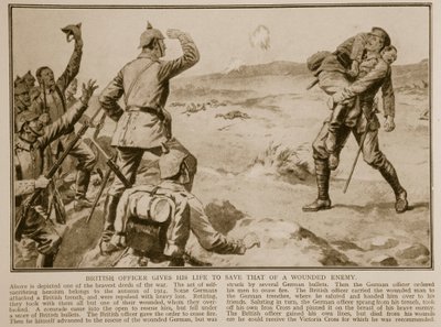 British officer gives his life to save that of a wounded enemy by English School