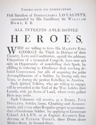 British recruitment poster for the First Battalion of Pennsylvania Loyalists, during the American Revolutionary War by English School