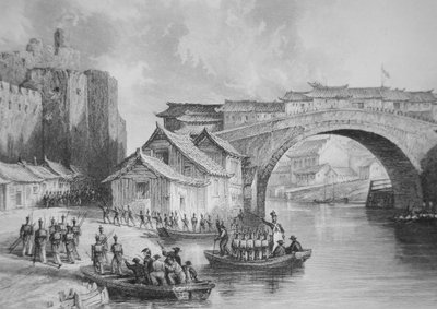 British troops land at the West Gate of Ching Keang during the Opium Wars, illustration after an eyewitness sketch by Captain Stoddard by English School