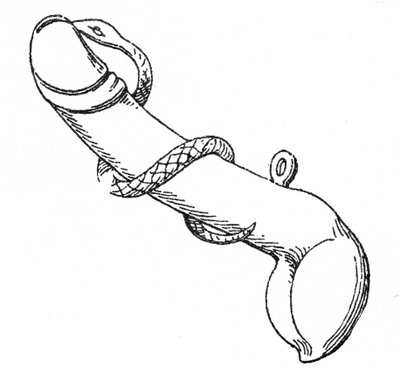 Bronze amulet depicting a phallus encircled by a serpent by English School