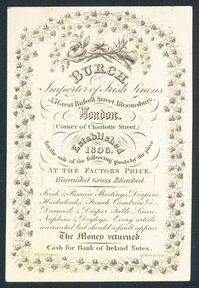 Burch, importer of Irish linens by English School