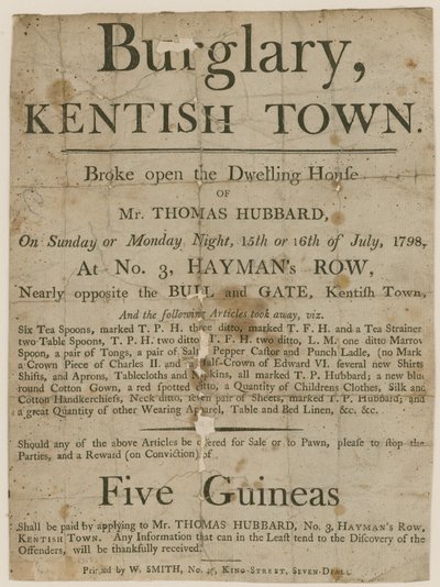 Burglary in Kentish Town in 1798. Reward of £5 by English School