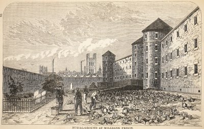 Burial-ground at Millbank Prison, illustration from The Criminal Prisons of London and Scenes from Prison Life by Henry Mayhew and John Binny, pub. 1862 by English School