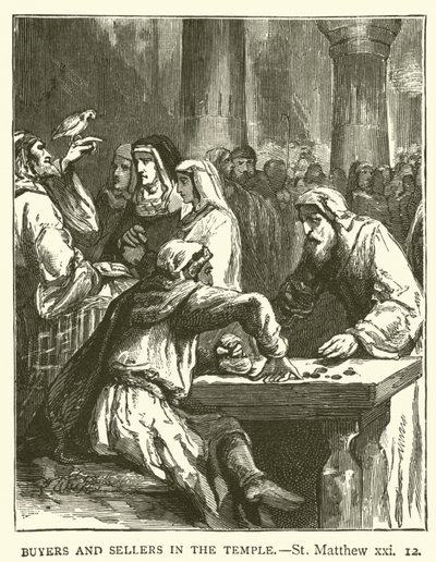 Buyers and sellers in the temple, St Matthew, xxi by English School