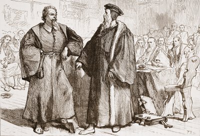 Calvin and Servetus before the Council of Geneva by English School