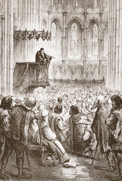 Calvin preaching his farewell sermon in expectation of banishment by English School