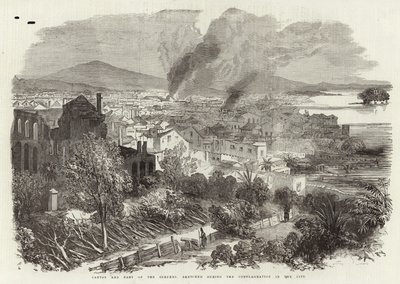 Canton and Part of the Suburbs, Sketched During the Conflagration in the City by English School