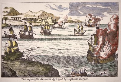 Captain Morgan defeats Spanish warships blocking the mouth of Lake Maracaibo in 1669 by English School