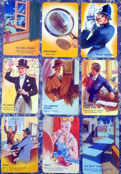Cards for an English family Murder Mystery card game I Commit, c.1930 by English School