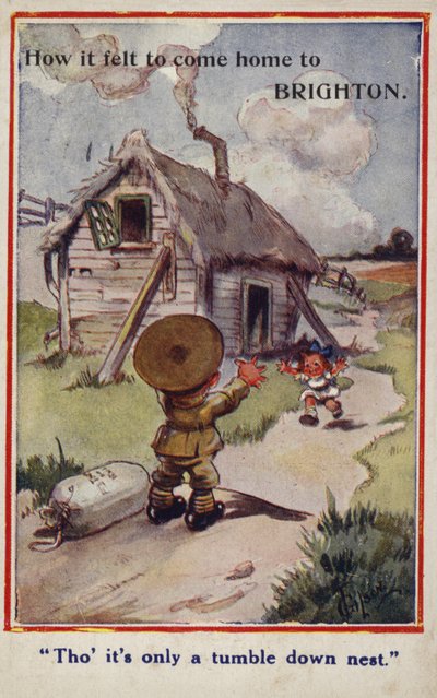 Cartoon propaganda postcard of little boy soldier returning to girl and destroyed home by English School