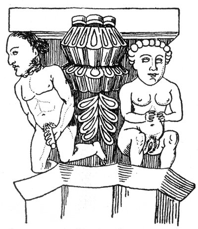 Carved figures of a man and woman displaying their genitals from the capital of a column in a church at Egra by English School