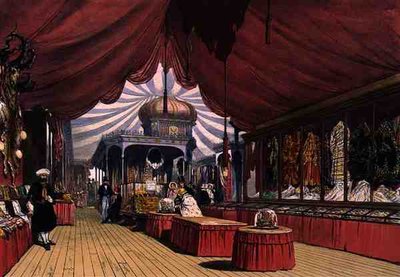 Cases of embroidered goods in the Turkish section of the Great Exhibition of 1851, from Dickinson