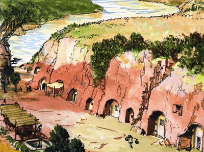 Cave Settlement by River by English School