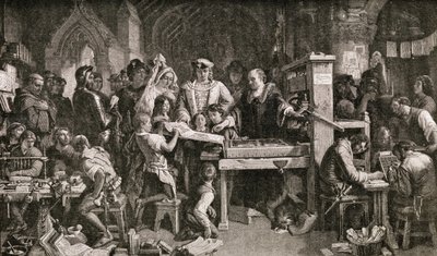 Caxton showing specimens of his printing to King Edward IV at the Almonry in Westminster, 1858 by English School