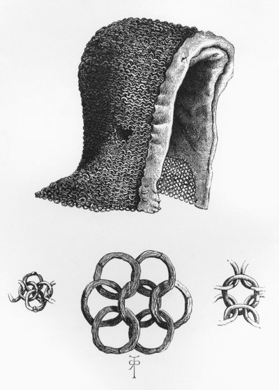 Chain mail hood and example of interlocking chain mail, c. A.D. 1120, from The British Army: Its Origins, Progress and Equipment by English School