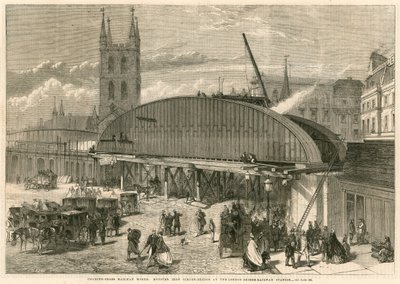 Charing Cross Railway works: monster iron girder bridge at the London Bridge Railway Station by English School