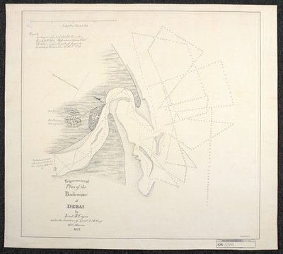 Chart of Dubai in 1822 by marine surveyors of the English East India Company, entitled Trigonometrical Plan of the Back-water of Debai by Lieut. R. Cogan under the direction of Lieut. J. M. Guy, H. C. Marine by English School